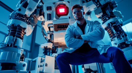 Poster - Scientist with Robot in Futuristic Laboratory Setting