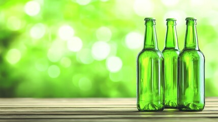 Festive green glass bottles on rustic wood table, a celebration of irish cheer green