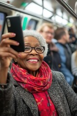 Poster - A person takes a photo of themselves on the subway train