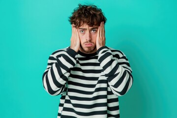 Poster - A person wearing a striped shirt covers their face with their hands, possibly feeling embarrassed or hiding from view