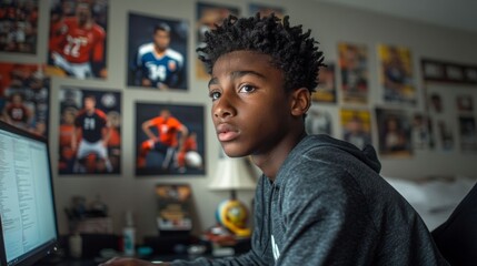 A teenage boy focused on his computer.