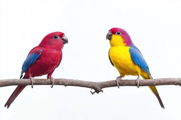 Poster - Two vibrant birds sitting on a tree branch, ideal for illustrations or designs related to nature and wildlife