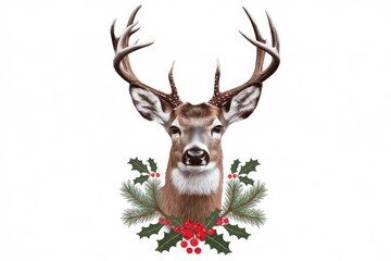 Aufkleber - A deer with antlers and a festive holly wreath