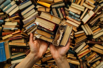 Poster - A person holds a stack of books, ready to read or study