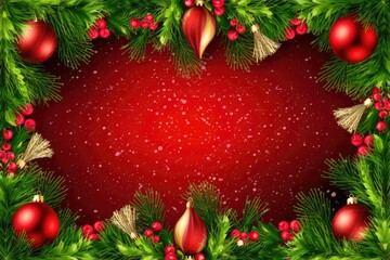 Aufkleber - Christmas red background with pine branches and ornaments