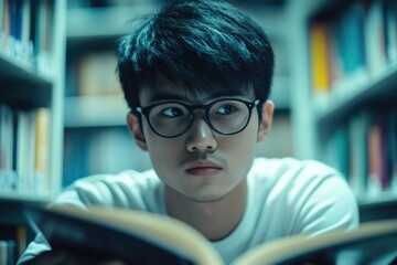 Aufkleber - A person sitting alone with a book in a quiet library setting, perfect for depicting solitude or study