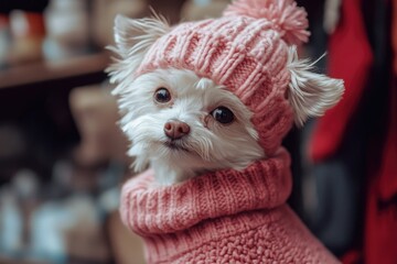 Poster - A small white dog dressed in a pink sweater and hat, perfect for photography, advertising or social media use
