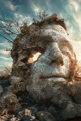 Poster - A ancient stone face with a tree sprouting from the top, blending natural and architectural elements