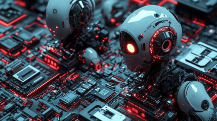 Poster - Futuristic Robots on Digital Circuit Background