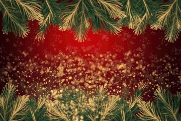 Poster - Pine branches frame a red background with gold glitter.