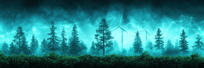 serene forest landscape illuminated by glowing blue light, featuring tall trees and wind turbines in background, symbolizing renewable energy and environmental awareness