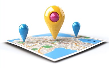 Vivid 3D rendering of a blue map highlighting a colorful pin on a sleek white background, representing modern locator and GPS technology