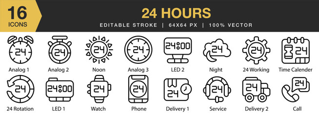 Wall Mural - 24 Hours icon set. Editable Stroke Icon Collection. Includes rotation, working, analog, call, delivery, led, and More. Outline icons vector collection.