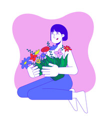  - Celebrating resilience after mastectomy 2D illustration concept. Breast cancer survivor asian woman embracing florals cartoon character isolated on white. Metaphor abstract flat vector graphic