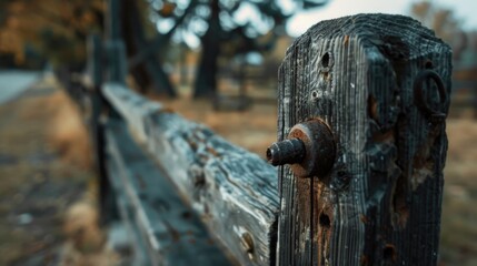 Poster - A close-up shot of a wooden fence with a rusty old bolt, great for backgrounds or DIY projects