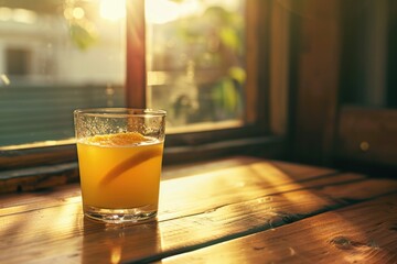 Poster - A glass of freshly squeezed orange juice sits on a wooden table, ready to be enjoyed