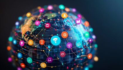 Poster - Creative 3D rendering of a world map globe with vibrant digital user icons linked by lines
