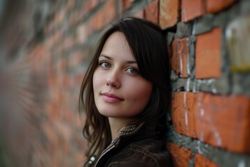 Poster - A young woman leans against a brick wall, looking relaxed