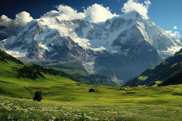 Poster - A serene landscape of a mountain range with snow-capped peaks in the distance, perfect for use in travel or nature-themed projects