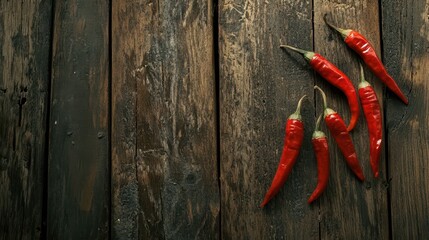 Wall Mural - Red chili peppers on rustic wooden surface