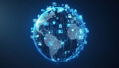 Leinwandbilder - Dynamic 3D visualization of a globe showcasing interconnected digital user icons and lines, representing global communication and social networking against a dark blue backdrop