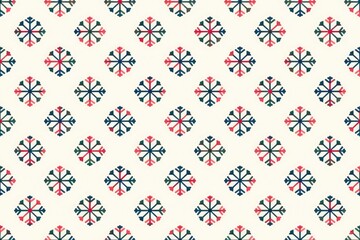 Poster - A repeating pattern of red and blue snowflakes on a white background.