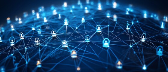 Aufkleber - Eyecatching 3D visualization of a globe with digital user icons connected by lines, highlighting global communication and social networking themes on a deep dark blue background