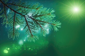 Poster - A single pine branch against a green and blue background with bokeh and sunbeams.