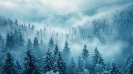 Winter season. Misty landscape with fir forest in hipster vintage retro style