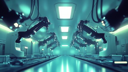 Poster - Futuristic Robotic Assembly Line in a High-Tech Facility