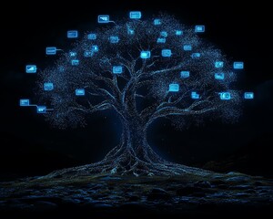 Leinwandbilder - Innovative 3D visualization of a lineage tree with digital graphic user icons and speech bubbles