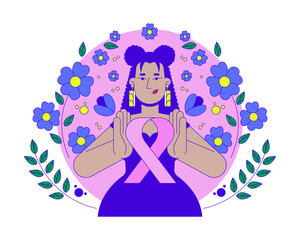 Poster - Latin american feminist movement of pink ribbon 2D illustration concept. Breast cancer solidarity. Hispanic woman femininity cartoon character isolated on white. Metaphor abstract flat vector graphic