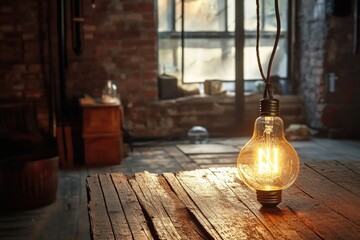 Poster - A single light bulb sitting on a wooden table, providing warm and cozy ambiance