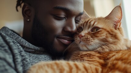 Poster - A man holds and caresses a cat, with his eyes closed, showing affection and relaxation