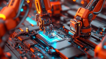 Poster - Futuristic Robotic Arms Assembling Microchips in Factory
