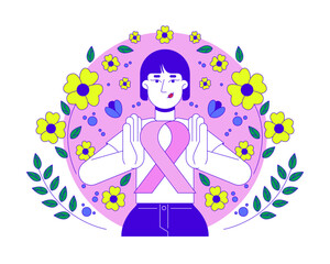  - Asian feminist movement of pink ribbon 2D illustration concept. Breast cancer solidarity. Japanese, korean woman femininity cartoon character isolated on white. Metaphor abstract flat vector graphic