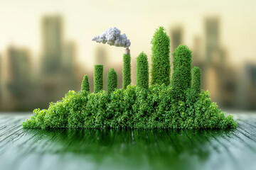 Green cityscape with plants and smoke representing carbon capture technology, showcasing balance between nature and urban development