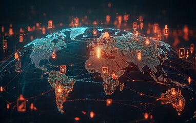 Aufkleber - Stunning 3D rendering of a world map globe with digital user icons connected by lines