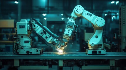 Poster - Robotic Arms Welding in Industrial Factory Setting