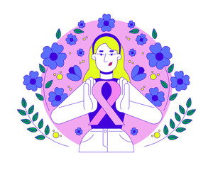 Poster - White feminist movement of pink ribbon 2D illustration concept. Breast cancer solidarity. Caucasian woman femininity cartoon character isolated on white. Metaphor abstract flat vector graphic