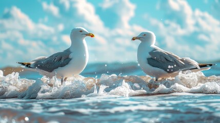 Poster - Two seagulls stand in the surf on a sunny day
