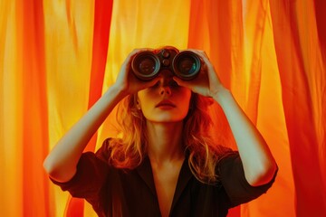 A woman using binoculars, possibly observing something or someone