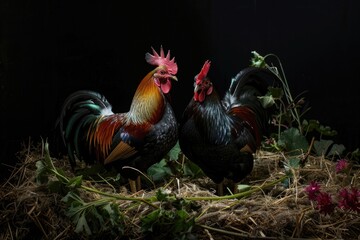 Poster - A pair of roosters standing on top of a pile of dry hay, natural setting,