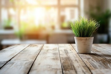 Poster - A potted plant sits on top of a wooden table, perfect for decorating or displaying