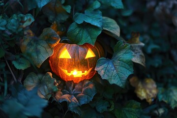 A lit pumpkins sits atop a lush green plant, perfect for fall or Halloween themed projects