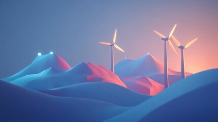 Wall Mural - Surreal Landscape with Wind Turbines at Sunset