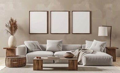 Minimalist living room interior with a beige sofa. wooden coffee table. and three empty frames on the wall