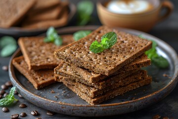 Rustic Rye Crispbread with Fresh Mint on Ceramic Plate in Cozy Cafe Setting