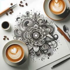 coffee and design with art of cappuccino for creativity, caffeine or beverage on white background. High angle, cup and espresso with plate for graphic of drink.