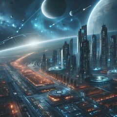 Wall Mural - city and futuristic infrastructure in space for science research, astronomy and galaxy exploration. Ai generated, planet and future buildings architecture for aerospace colony or travel landing.